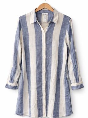 Tommy Bahama Linen Blend Blue White Stripe Shirt Dress S Boho Coastal